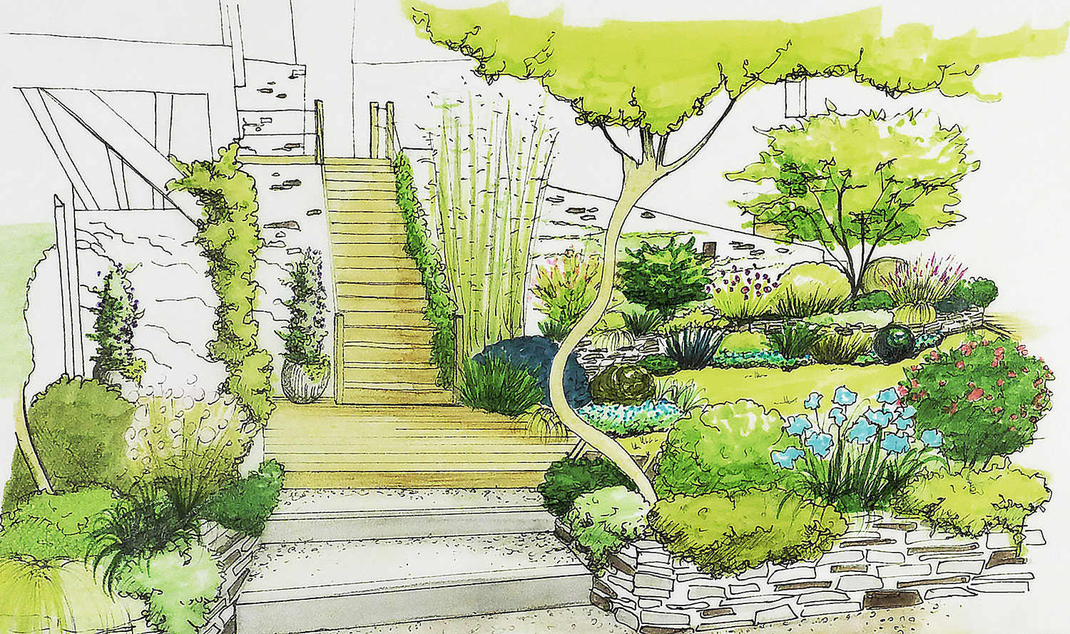 Illustration escalier de jardin et terrasse en bois
