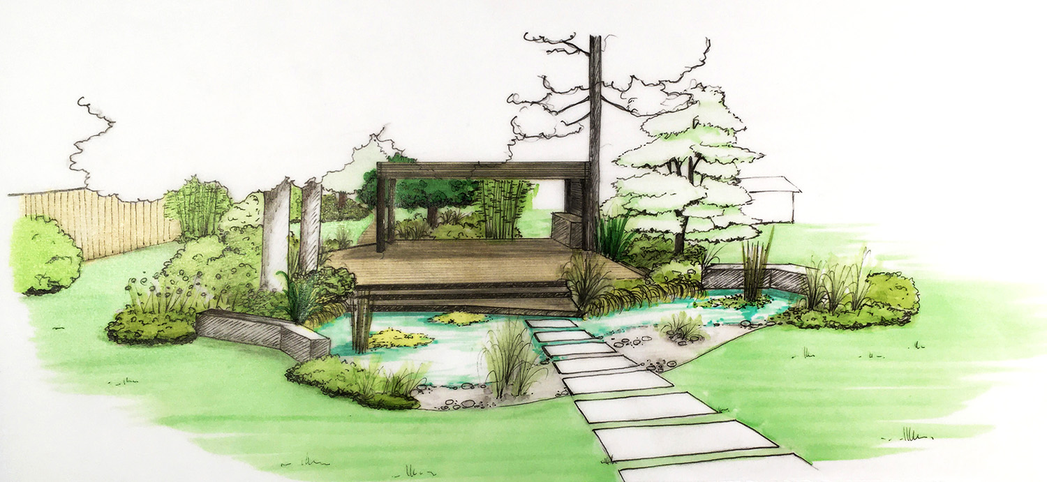 Illustration paysagère d'un jardin avec bassin et terrasse