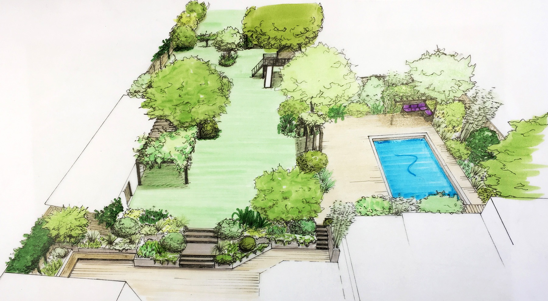 Aménagement paysager jardin avec piscine