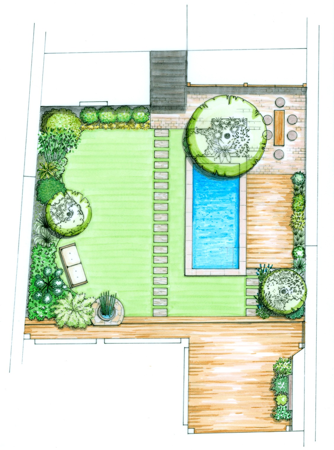 Jardin urbain et son petit bassin de nage